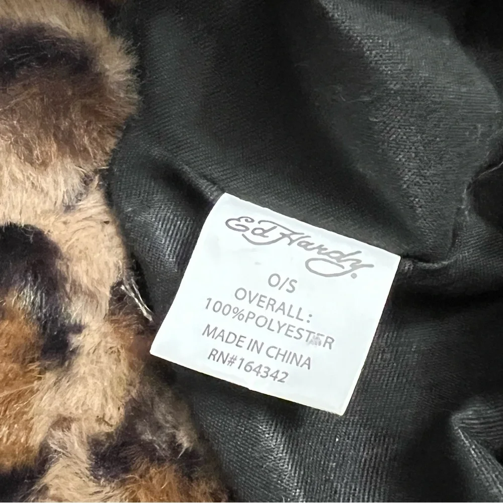 Ed Hardy Leopard Faux Fur Bucket Hat Love Kills Slowly Patch NWT